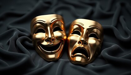 Classic pair of comedy and tragedy masks made of gold on dark velvet surface, soft light, metal texture, elegant and stylish. Oscar, theatrical art, stage performance, drama school, theatre college