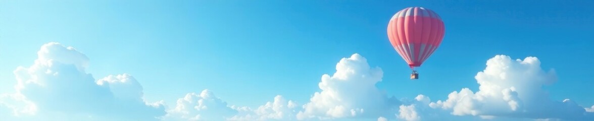 Fototapeta premium Hot air balloon gazing out at a brilliant blue sky with puffy white clouds, clear, cloudless, space