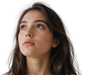 Fototapeta premium Beautiful Young Woman with Long Brown Hair Close up Portrait Natural Makeup Soft Lighting