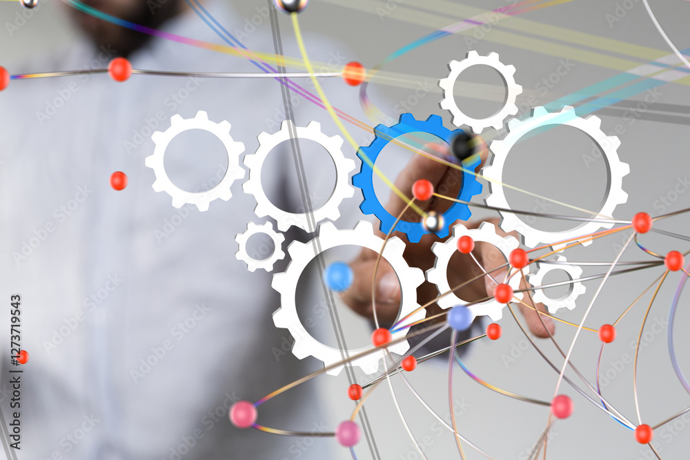 Poster gear system data. Connecting lines and dots.Big data visualization  - 3d