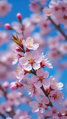Vibrant cherry blossoms in full bloom against a bright blue sky, symbolizing joy, vitality, and the energy of spring renewal