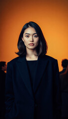 Fototapeta premium Businesswoman in a black blazer with dark hair, standing confidently in a warm-toned setting.
