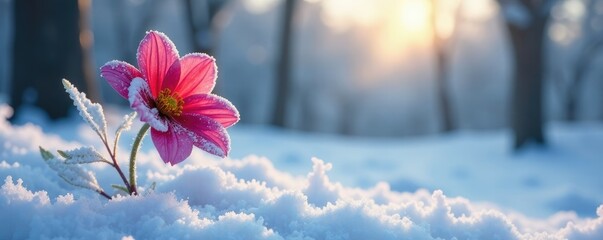 Ice covered flower in a snowy landscape with bare trees, frosty landscape, tree, frozen flower