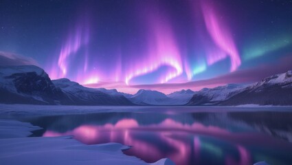 Naklejka premium Breathtaking Northern Lights (Aurora Borealis) Over Arctic Landscape with Snowy Mountains, Starry Sky, and Reflective Lake, Cinematic Magical Atmosphere, Generative AI