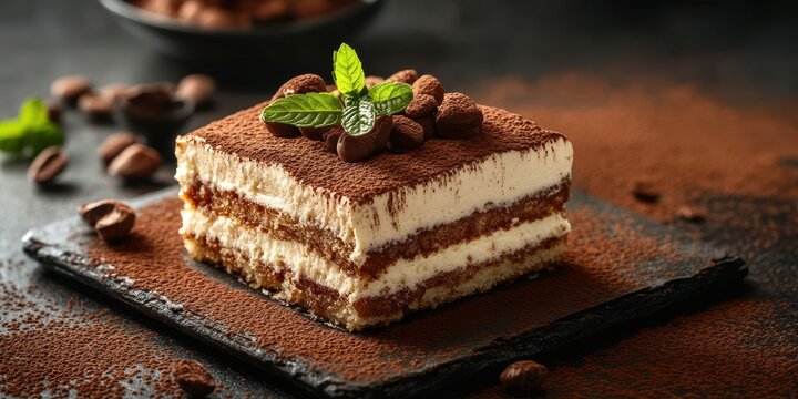 Delicious dessert preparation featuring a chocolate layered cake with coffee beans at a cozy cafe