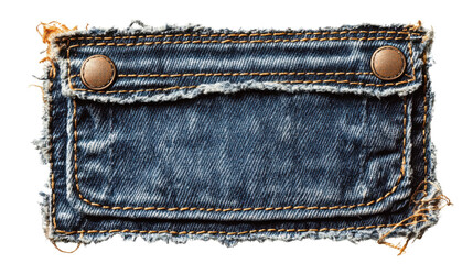 A worn denim patch featuring two metal buttons and frayed edges, showcasing a textured fabric design.