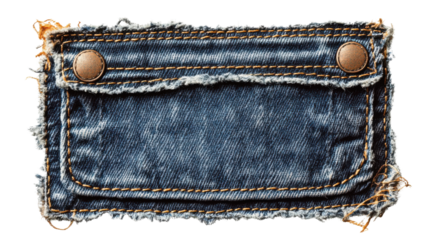 A worn denim patch featuring two metal buttons and frayed edges, showcasing a textured fabric design.