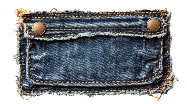 A worn denim patch featuring two metal buttons and frayed edges, showcasing a textured fabric design.