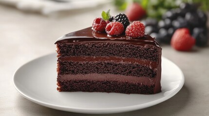 A rich chocolate cake slice topped with fresh berries, showcasing layers of creamy filling against a backdrop of vibrant fruit.