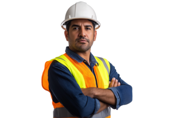  serious Hispanic construction worker in hard hat and reflective vest isolated on transparent white background