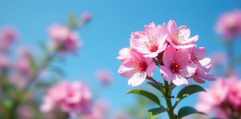 Obraz premium Pink flower clusters against a blue sky backdrop, nature, blossom