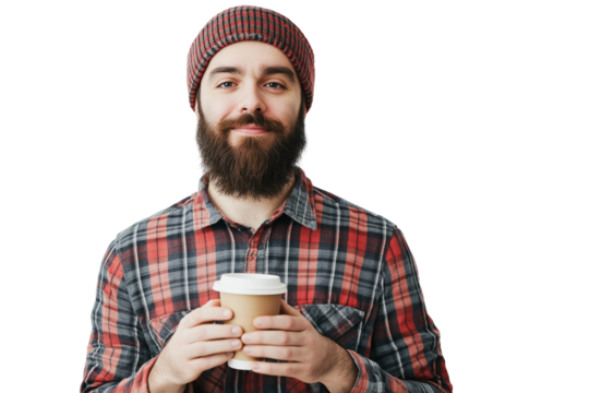 bearded hipster man in plaid shirt and beanie holding coffee cup and smiling isolated on transparent white background
