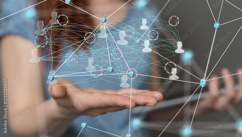 Poster Global network. Blockchain. 3D illustration. Neural networks and artificial intelligence. Abstract