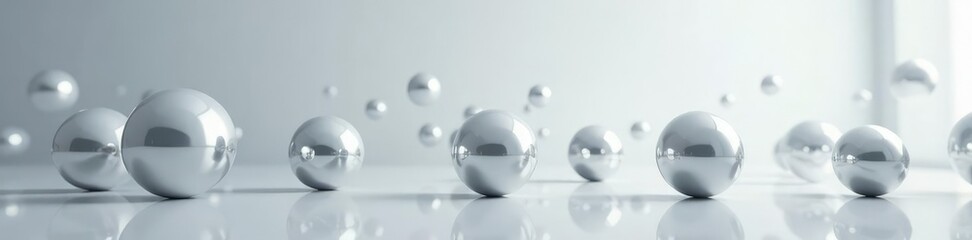 A minimalist arrangement of gleaming silver spheres suspended in mid-air, serene, elegant, shimmering
