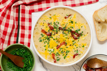 Cheeseburger Soup with Cheddar Cheese and Bacon.style rustic