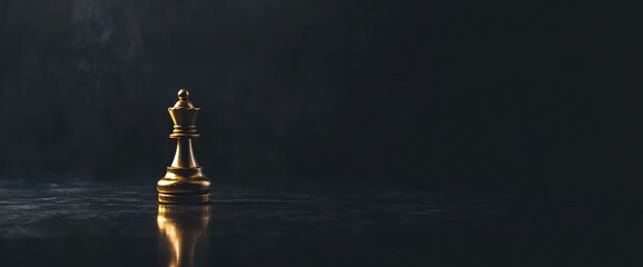 Photo of a golden chess piece leading other pieces on a black background, symbolizing a strategic business plan and leadership concept with copy space for text.