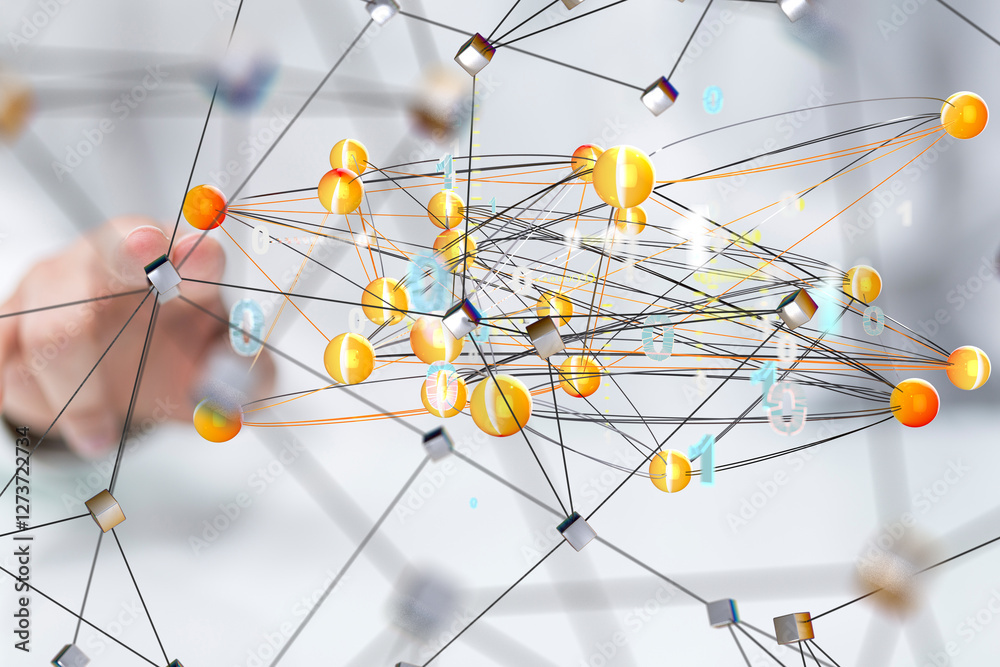 Aufkleber Global network. Blockchain. 3D illustration. Neural networks and artificial intelligence. Abstract  3d