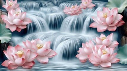 Scenic Waterfall Cascade with Pale Pink Lotus Flowers and Lush Green Foliage Decor and Illustration