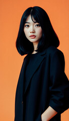 Fototapeta premium Confident brunette woman in a black oversized blazer, posing against an orange background.