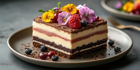 Decadent layered dessert with edible flowers and fresh berries on a dark plate