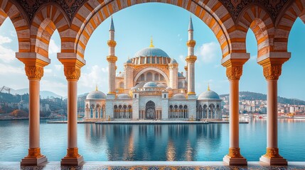 Fototapeta premium A grand mosque with domes and minarets, glowing in golden Ramadan lights, with lanterns hanging from trees and stars twinkling above.