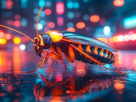 Glowing Cockroach in Neon Lit Urban Kitchen Pest Concept with Copy Space - Powered by Adobe