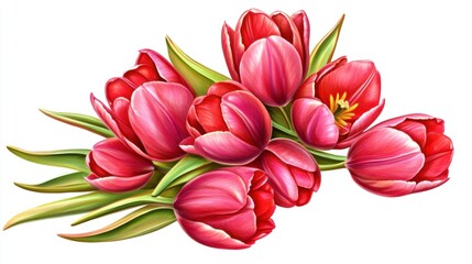 Fototapeta premium Vibrant Bouquet of Red Tulips with Green Leaves on White Background Still Life