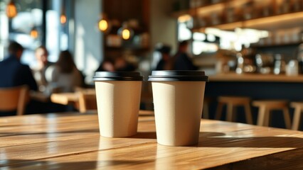 Cozy café scene with takeaway coffee cups on a wooden table.
