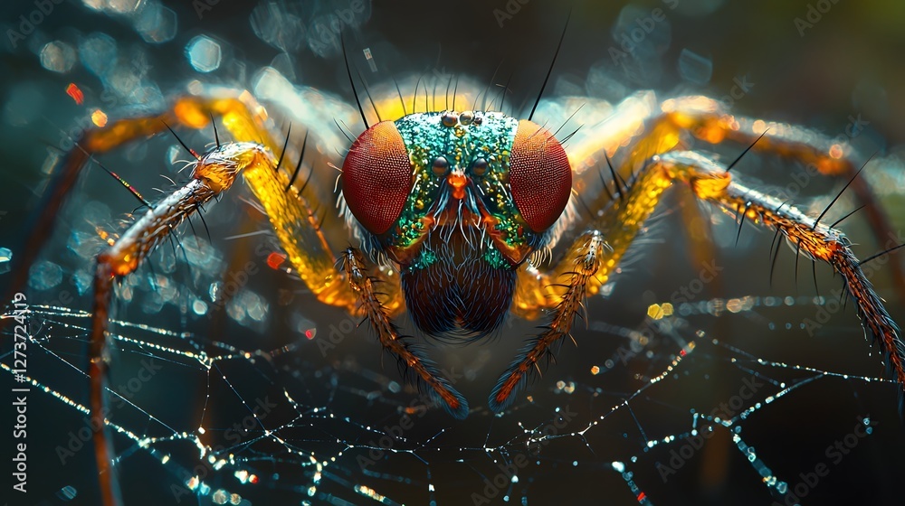 Wall mural iridescent fly trapped in spider s shimmering web striking pest concept with copy space