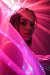 Bright neon lights illuminate a young woman posing in an artistic display of color and motion at a creative event