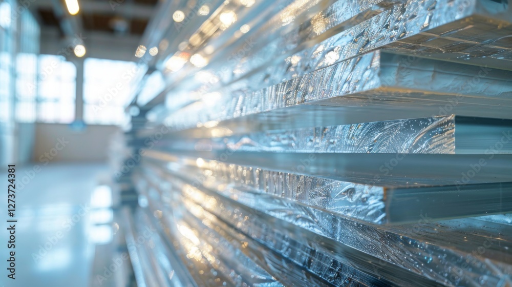 Poster translucent glass panels are aligned in a contemporary setting, allowing sunlight to create reflecti