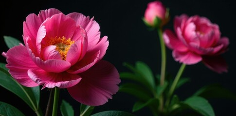 Colorful peony flowers isolated on dark background, nature, flower power