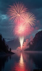 Stunning fireworks illuminate the night sky over a serene lake, creating a magical atmosphere perfect for celebrations and events.