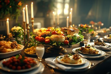 Naklejka premium Elegant dinner table setting with gourmet dishes and candles for a sophisticated evening gathering