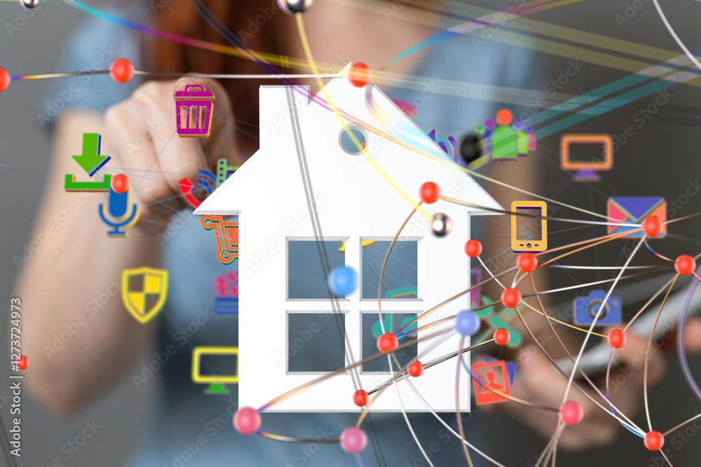 Poster home iot - Neural network 3D illustration. Big data and cybersecurity - 3d