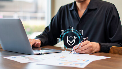 cybersecurity, data protection, and business compliance, digital icons symbolize security, verification, and document management, creating a modern business and technology concept.