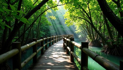 Wooden bridge traversing dense mangrove forest canopy, wooden bridge, secluded spot, vines entwined