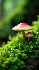 Fototapeta premium Delicate tree mushroom caps are visible among lush green moss, nature, green moss, organic