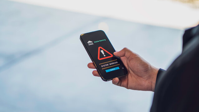 Emergency warning alert alarm on Smartphone, Data network protection, mobile cybersecurity or a password to confirm login in the online banking application. security technology digital information.