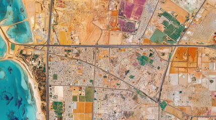 Aerial View of Coastal Cityscape and Surrounding Agricultural Lands: A Bird's Eye Perspective of Urban Development and Rural Landscapes