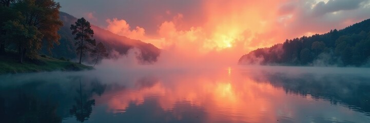 Fototapeta premium Fiery mist dances on the surface of a serene lake, water, fire, lake