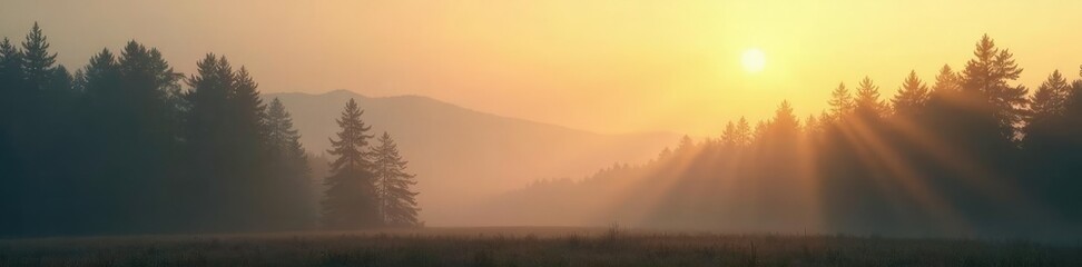Fototapeta premium Foggy forest with warm beige sky at dawn and misty atmosphere, dawn, soft focus