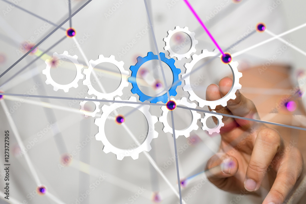 Poster gear system data. Connecting lines and dots.Big data visualization  - 3d