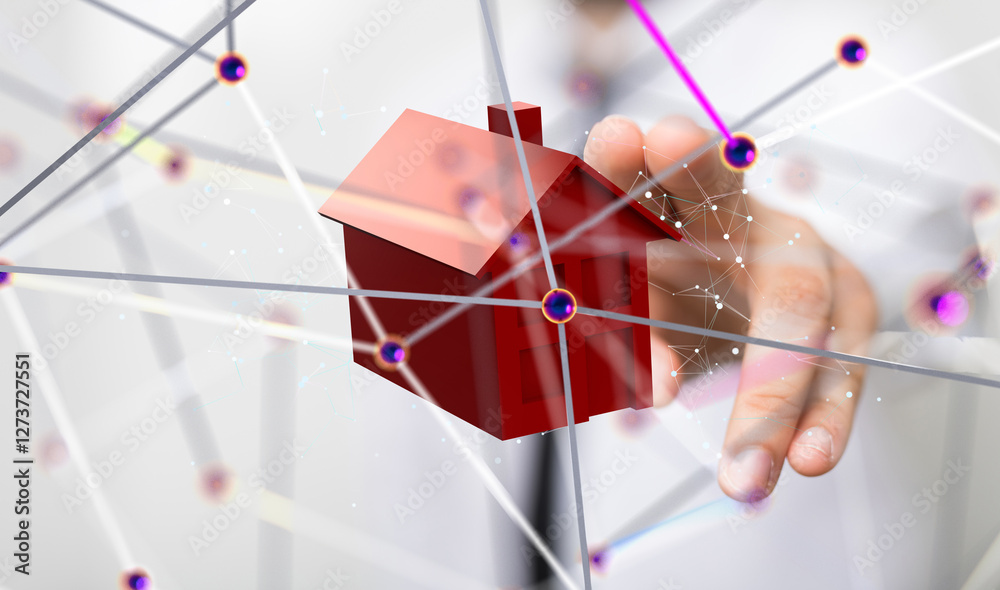 Poster home data. Digital cyberspace with particles and Digital data network connections concept. - 3d