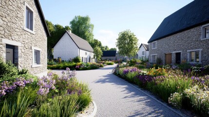 Scenic village pathway lined with flowers and stone houses.