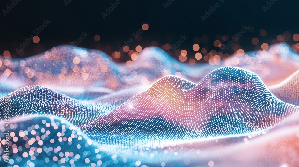 Poster cyber space is visually represented in a futuristic manner, with moving data embodied by glowing par