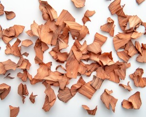 Closeup shot of sandalwood chips on a white background, viewed from above, photorealistic image.