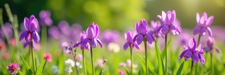 Purple Fritillaria flowers blooming in a field with other wildflowers, ornamental gardens, fritillaria
