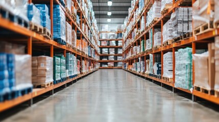 Vast warehouse interior showcasing organized shelves filled with a variety of products and supplies in a well-lit space