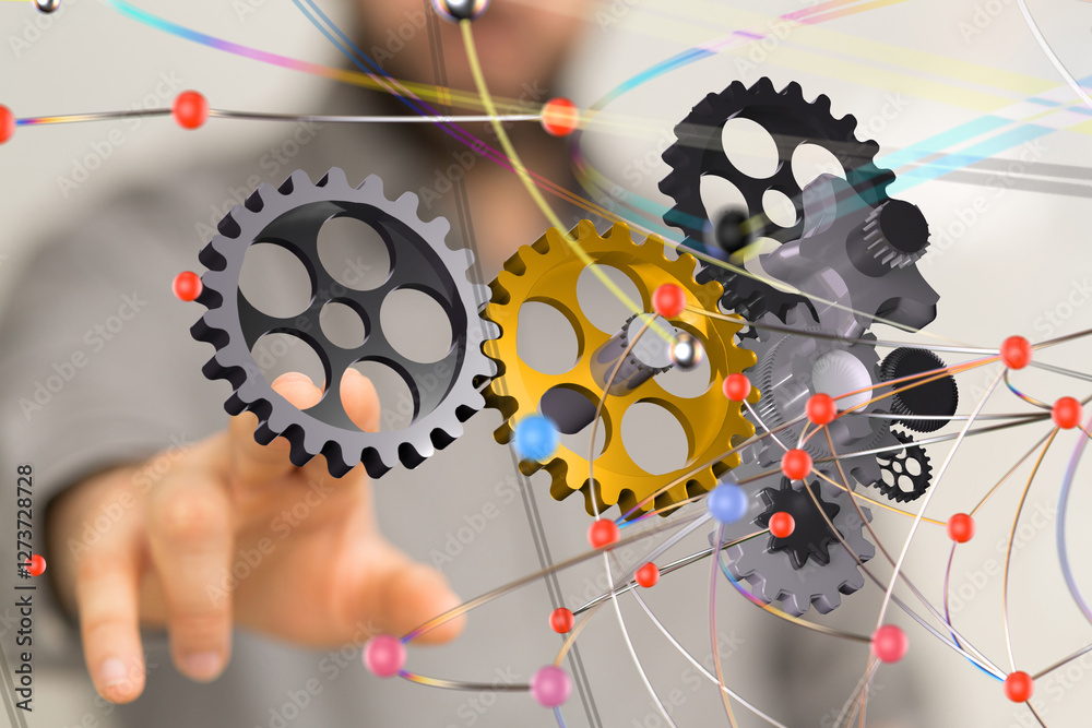 Poster gear system data. Connecting lines and dots.Big data visualization  - 3d